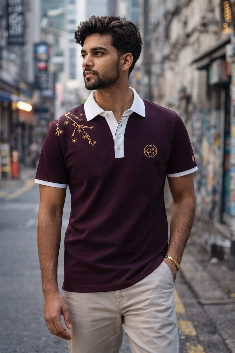 Maroon Floral Polo Tee